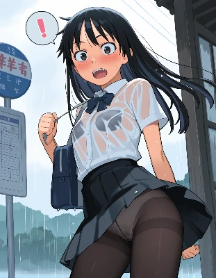 台風のバス停で