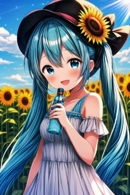 初音ミク　麦わら帽子とひまわり