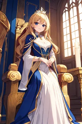 陽光が差し込む王座に座る金髪の王女