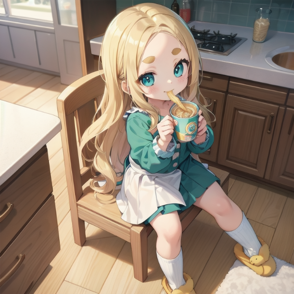カップヌードルを食べるおでこちゃん