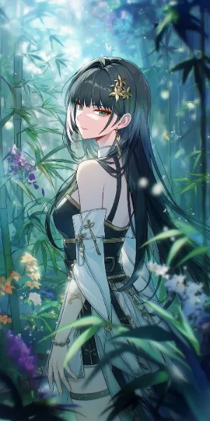 木漏れ日の竹林で振り向く白芷