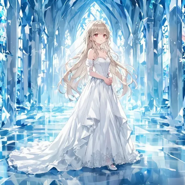 氷晶の宮殿に佇む白き花嫁の誓い
