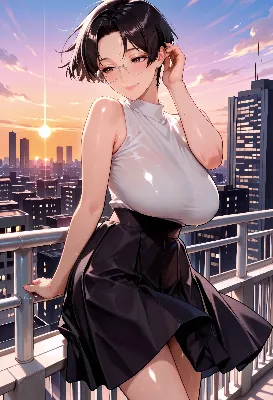 夕焼けの屋上で微笑む