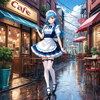 夕方の青髪ウエイトレスさん