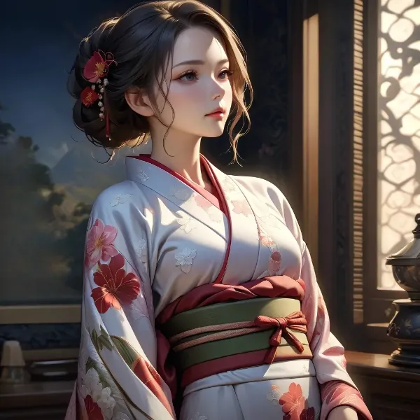 花咲く着物の優美な美女