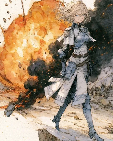 爆炎を背に