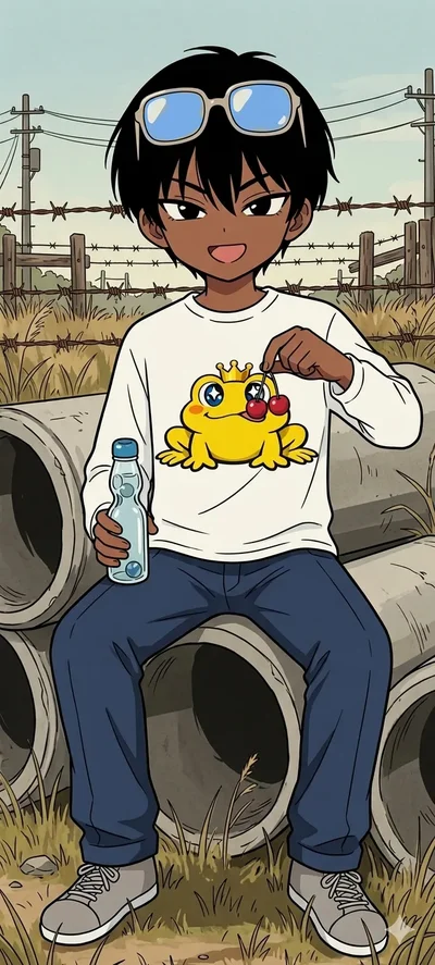 メガネon headして平面王様ガエルTシャツを着て土管のある空き地にいる少年
