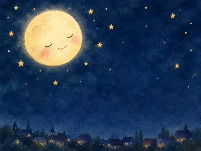 おやすみなさいの満月｜夜の街を優しく包む水彩画風の幻想的な夜空