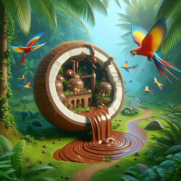 ヤシの実の施設から流れ出すココア