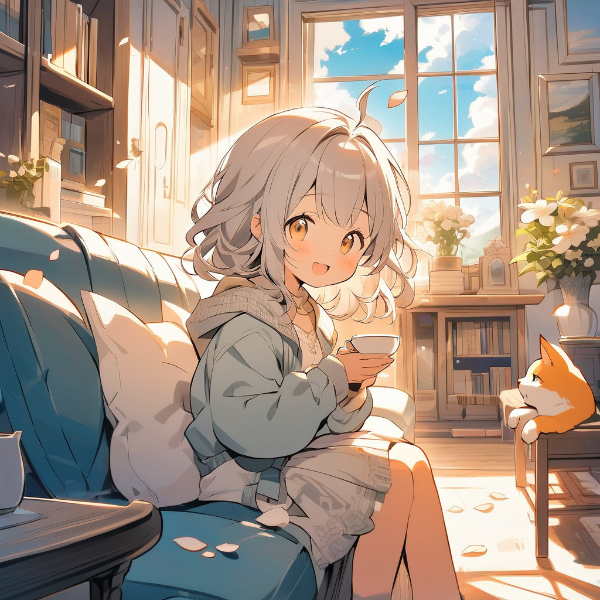 ターコイズ色のソファーベッドと午後のティータイム