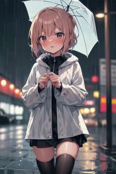 夜の雨とレインコート少女
