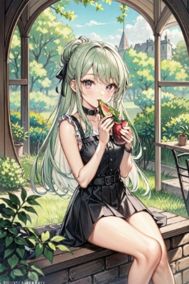 庭園でいちじくを食べる