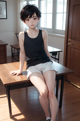 机に座る少年