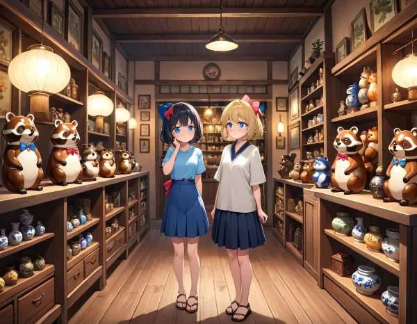 ここタヌキの置物だらけだねー