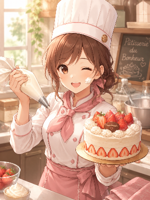 いちごケーキを持つパティシエール