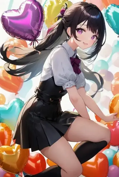 ハート風船と黒髪ロングな女の子（４枚）