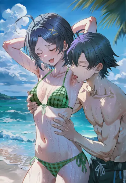 八幡がビキニを着ている妹の小町の腋をペロペロ👅