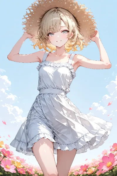 花びら舞う夏の花畑で微笑む少女