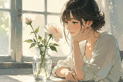 陽光に微笑む、窓辺の少女と薔薇