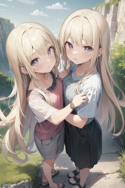 渓谷を散策する金色の髪の姉妹