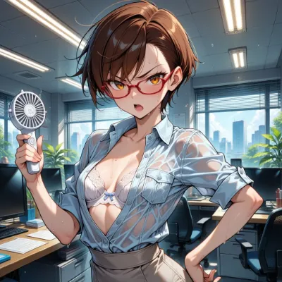 汗濡れシャツのオフィスレディ