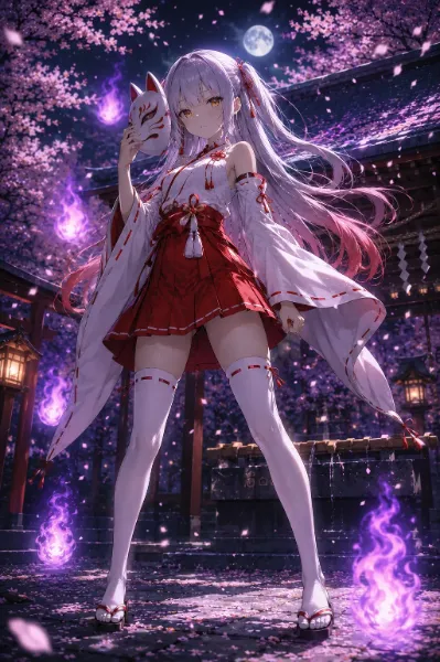 夜桜と狐面の巫女