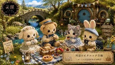 ぬいぐるみたちの川辺ピクニック