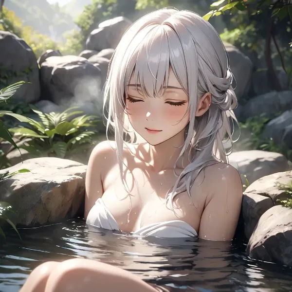 森の温泉に浸かる白髪少女