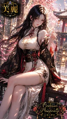 桜舞う水辺に佇む紅蓮の麗人
