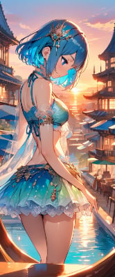 夕陽と青髪さん