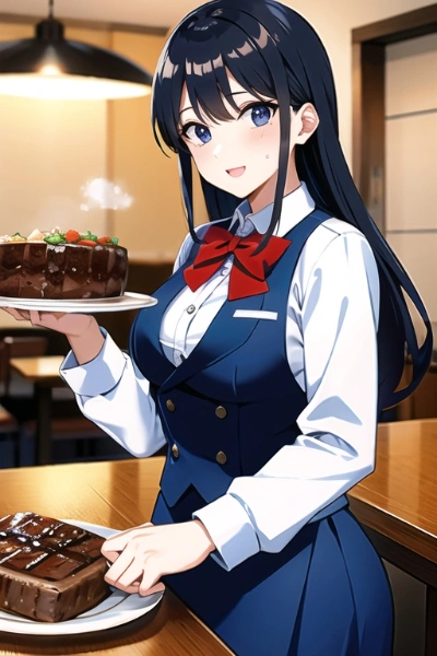 「いらっしゃいませ!　当店自慢のステーキをどうぞ!」