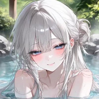 森の温泉で微笑む白銀の少女