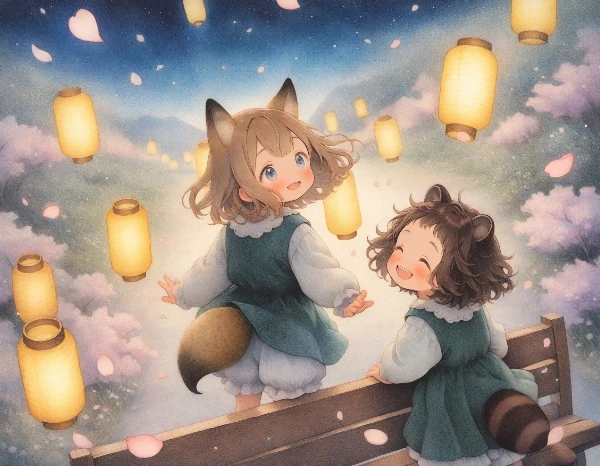 コン子とポン子・夜桜を見に行った