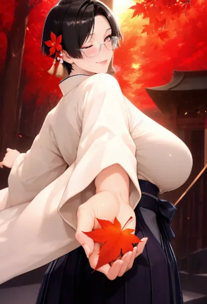紅葉を手に微笑む秋の和装美人