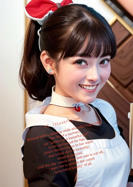 笑顔のポニーテール美少女／メイド風ユニフォームのカフェ店員さんをイメージして