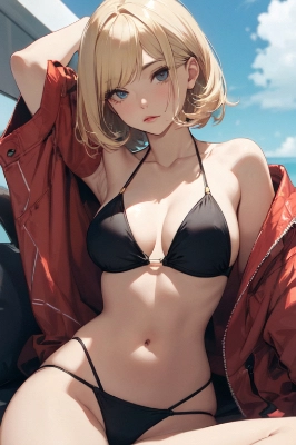 金髪ボブ子　黒水着