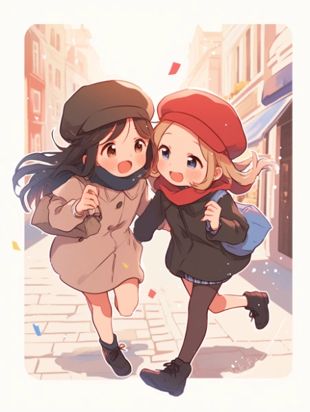 街中のベレー帽ツインズ