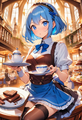 夕暮れの青髪ウエイトレスさん