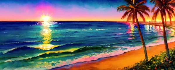 マイアミビーチ…トロピカル・デコの町並み（水彩）