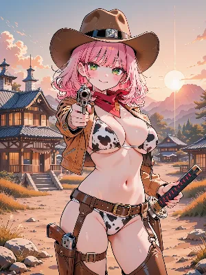 夕陽を背に立つカウガール