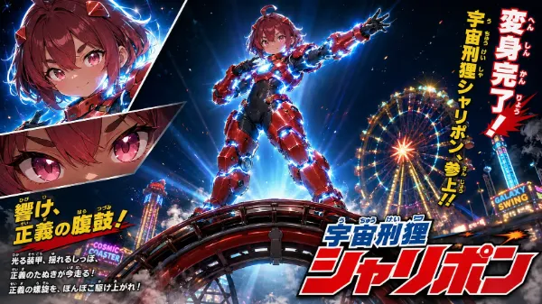 遊園地の夜を照らす正義の光
