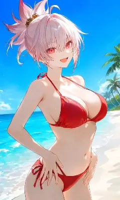 赤い水着の少女が待つ夏のビーチ