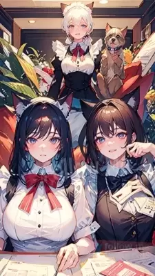 ３人の猫耳受付嬢にオーナーのお犬様　ホテルワンニャンにいらっしゃいませ　今日のお題