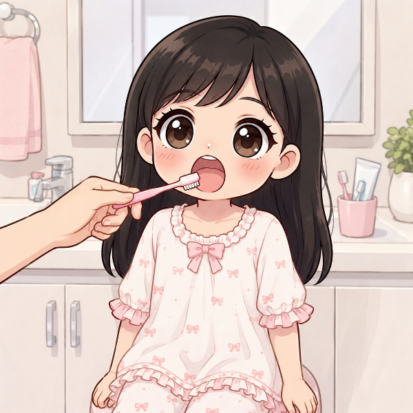 歯磨きしてもらうちびちゃん🎀