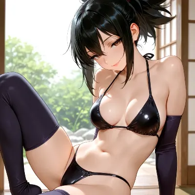 黒ビキニの魅惑的な微笑