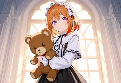 陽光差し込む館でクマを抱くメイド
