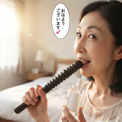 黒い棒を舐める女性