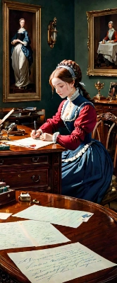 机で、手紙を書く女性