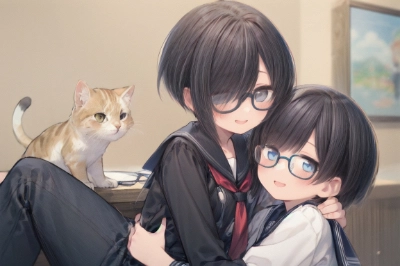 いちゃつく眼鏡ショタとそれを見つめる猫さん