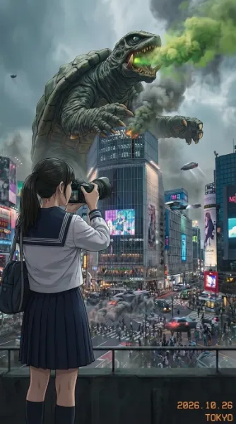 巨大カメ怪獣と少女の決定的瞬間